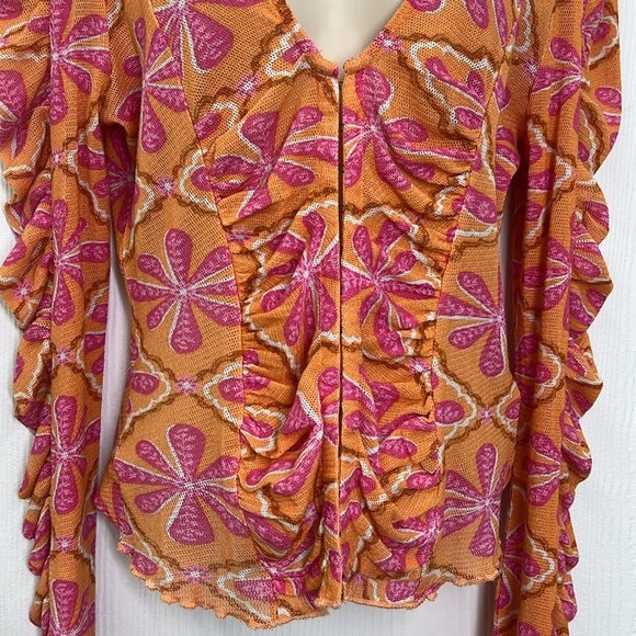 Free People - Through The Meadow Grapefruit Floral Hook And Eye Closure Blouse M - Picture 6 of 13